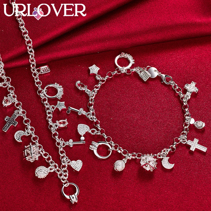 925 Sterling Silver Cross/Lock/Moon Pendant Set Jewelry