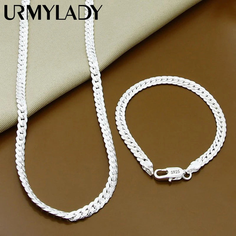 925 Silver 6MM Chain Necklace Bracelet Set Wedding Gift