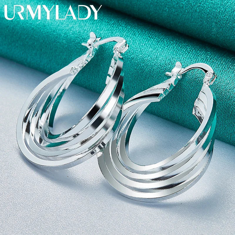 925 Silver 25mm Multi Rings Earrings Ear Loops Women Wedding Party Jewelry