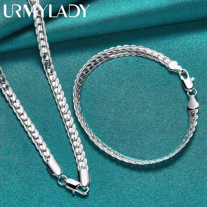 925 Silver Side Chain Bracelet Necklace Set Wedding Charm Gift