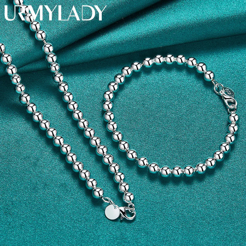 925 Silver Beaded Bracelet Necklace Set Wedding Party