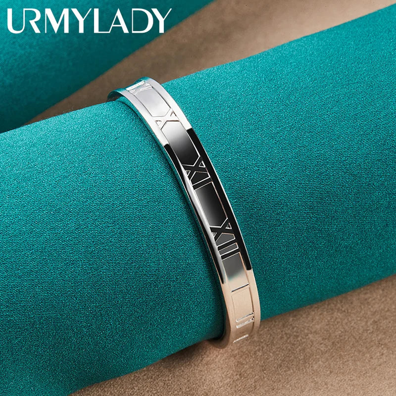 925 Silver Roman Numerals Bangle Cuff Bracelet Wedding Charm
