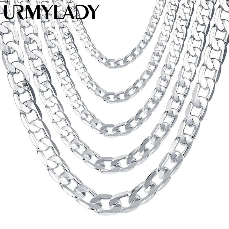 925 Silver 8MM Side Chain Necklace 16-26 Inch Men Wedding Party Gift