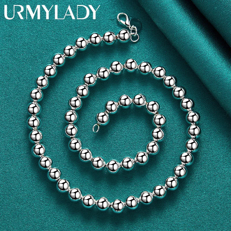 925 Silver 8mm Bead Chain 18" Necklace Women Wedding Party Jewelry