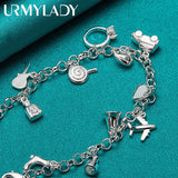 925 Silver Airplane Car Fish Guitar Lock Ring Chain Bracelet For Women