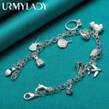 925 Silver Airplane Car Fish Guitar Lock Ring Chain Bracelet For Women