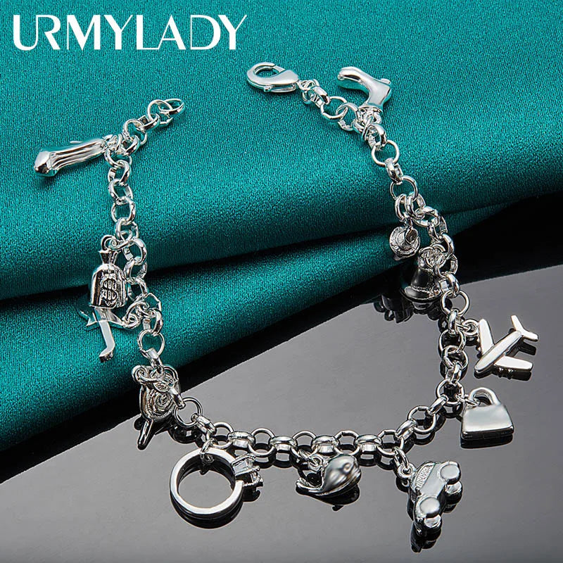 925 Silver Airplane Car Fish Guitar Lock Ring Chain Bracelet For Women
