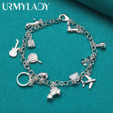 925 Silver Airplane Car Fish Guitar Lock Ring Chain Bracelet For Women