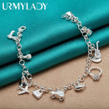 925 Silver Airplane Car Fish Guitar Lock Ring Chain Bracelet For Women