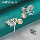 925 Silver Butterfly Pearl Stud Earrings Women Wedding Party Jewelry