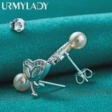 925 Silver Butterfly Pearl Stud Earrings Women Wedding Party Jewelry