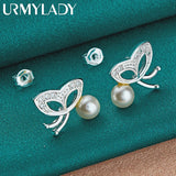 925 Silver Butterfly Pearl Stud Earrings Women Wedding Party Jewelry
