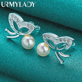 925 Silver Butterfly Pearl Stud Earrings Women Wedding Party Jewelry