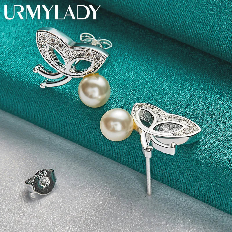 925 Silver Butterfly Pearl Stud Earrings Women Wedding Party Jewelry