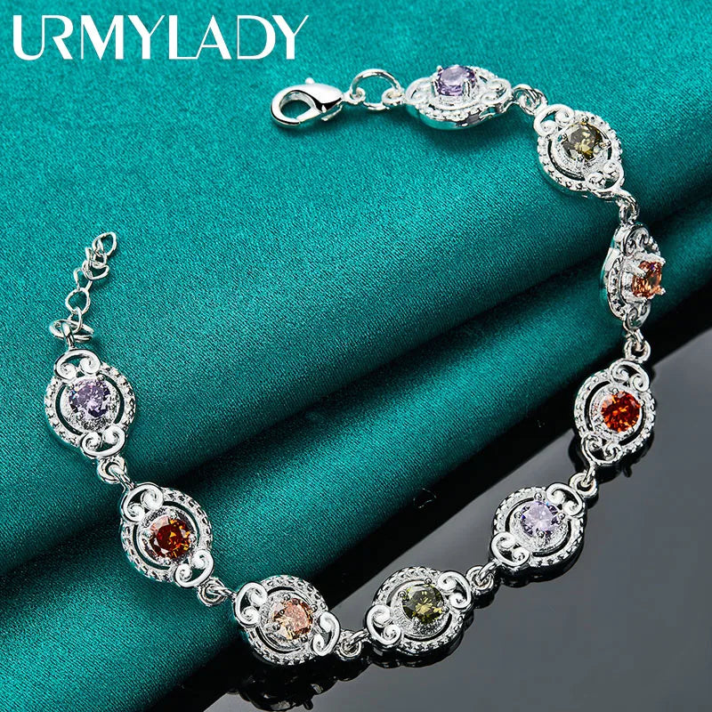 925 Silver Charm Zircon Chain Bracelet Purple Orange Red Green for Women