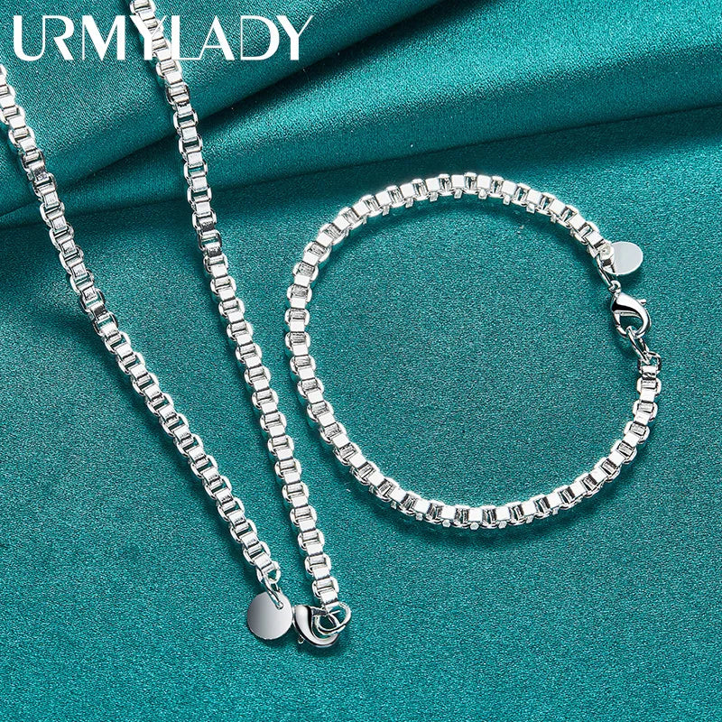 925 Silver 4mm Chain Bracelet Necklace Set Wedding Party Charm Gift