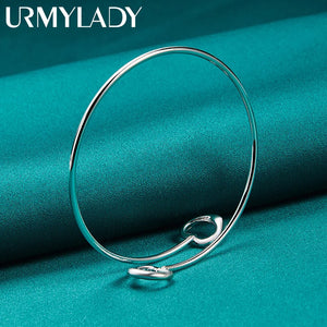 925 Silver Double Heart Bangles Bracelet Women Charm Jewelry