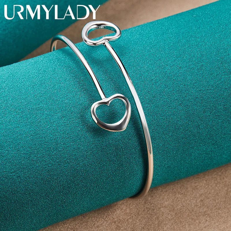 925 Silver Double Heart Bangles Bracelet Women Charm Jewelry