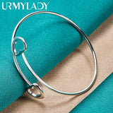 925 Silver Double Heart Bangles Bracelet Women Charm Jewelry