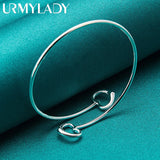 925 Silver Double Heart Bangles Bracelet Women Charm Jewelry