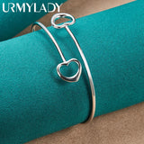 925 Silver Double Heart Bangles Bracelet Women Charm Jewelry