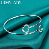925 Silver Double Heart Bangles Bracelet Women Charm Jewelry
