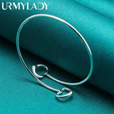 925 Silver Double Heart Bangles Bracelet Women Charm Jewelry