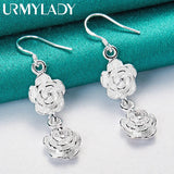 925 Silver Double Rose Flower Earrings Women Wedding Party Charm Jewelry