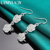 925 Silver Double Rose Flower Earrings Women Wedding Party Charm Jewelry