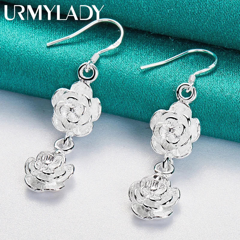 925 Silver Double Rose Flower Earrings Women Wedding Party Charm Jewelry