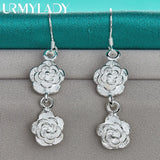925 Silver Double Rose Flower Earrings Women Wedding Party Charm Jewelry