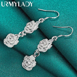 925 Silver Double Rose Flower Earrings Women Wedding Party Charm Jewelry