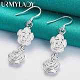 925 Silver Double Rose Flower Earrings Women Wedding Party Charm Jewelry