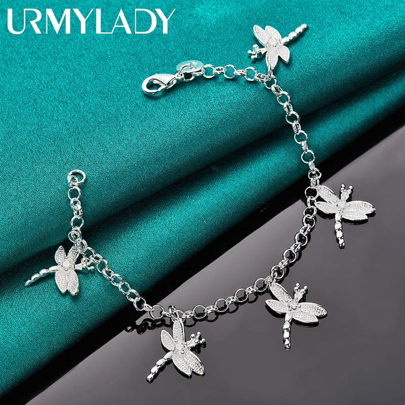 925 Silver Dragonfly Zircon Pendant Bracelet Women Wedding Jewelry