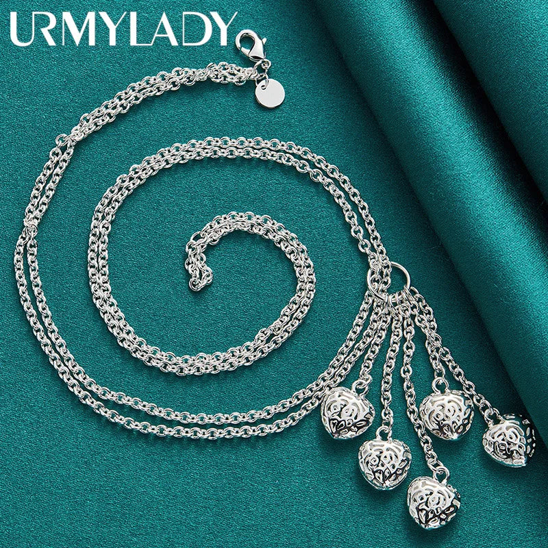 925 Silver 5 Heart Pendant Necklace 18" Women Wedding Party Charm