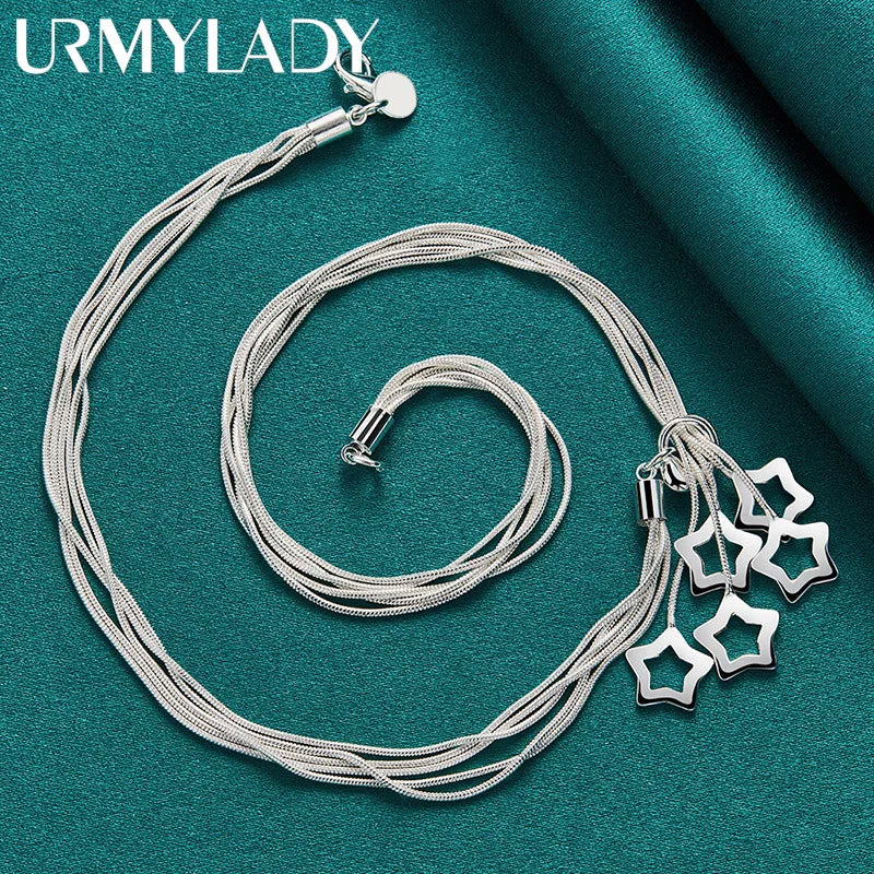 925 Silver 5-Star 18" Snake Chain Pendant Necklace Women Wedding Party Jewelry