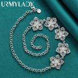 925 Silver Flower Pendant Necklace 20 Inch Women Wedding Charm Jewelry