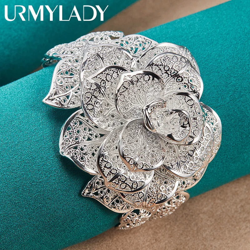 925 Silver Flower Bangle Cuff Bracelet Wedding Engagement Party Charm Jewelry