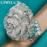 925 Silver Flower Bangle Cuff Bracelet Wedding Engagement Party Charm Jewelry