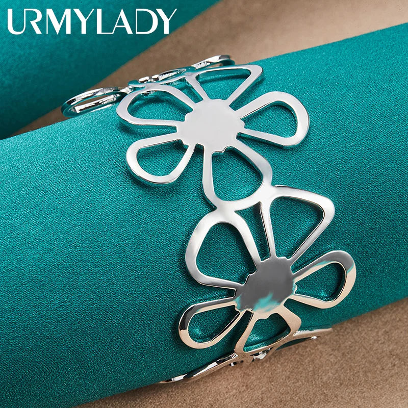 925 Silver Flower Bangle Cuff Bracelet Wedding Jewelry