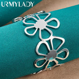 925 Silver Flower Bangle Cuff Bracelet Wedding Jewelry