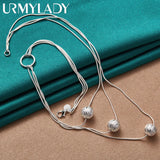 925 Silver Frosted Round Bead Charm Snake Chain Necklace