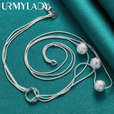 925 Silver Frosted Round Bead Charm Snake Chain Necklace