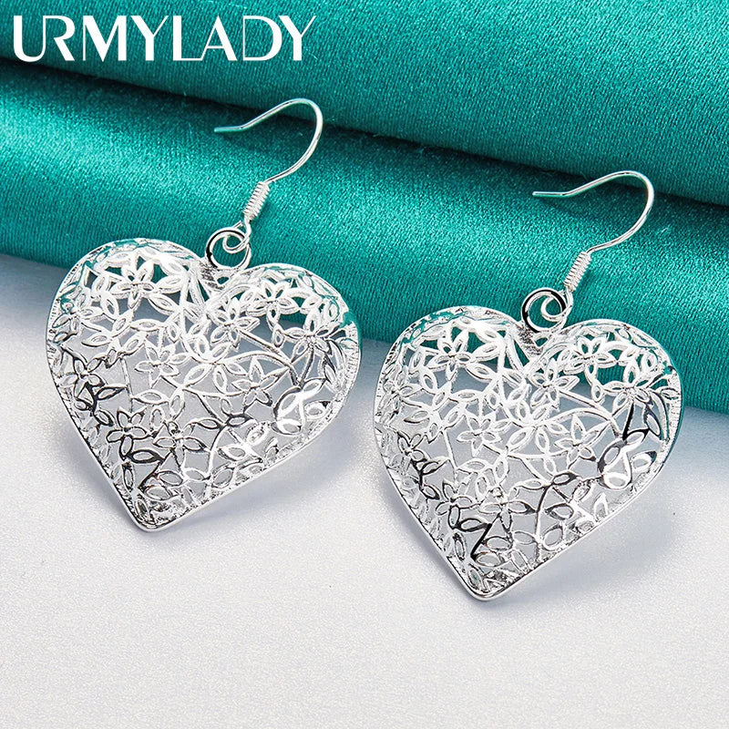 925 Silver Heart Hollow Flower Earrings For Women Wedding
