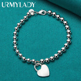 925 Silver Heart Lock Bracelet Chain 6mm Beads Jewelry Top Christmas Gift Women