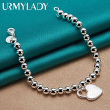 925 Silver Heart Lock Bracelet Chain 6mm Beads Jewelry Top Christmas Gift Women