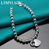 925 Silver Heart Lock Bracelet Chain 6mm Beads Jewelry Top Christmas Gift Women