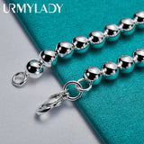 925 Silver Heart Lock Bracelet Chain 6mm Beads Jewelry Top Christmas Gift Women