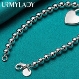925 Silver Heart Lock Bracelet Chain 6mm Beads Jewelry Top Christmas Gift Women