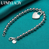925 Silver Heart Lock Bracelet Chain 6mm Beads Jewelry Top Christmas Gift Women